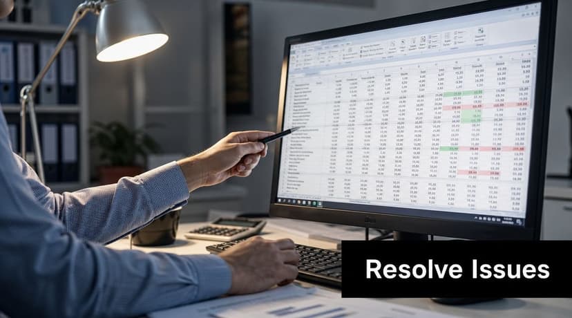 A professional analyzing a spreadsheet on a computer monitor with a pen in their hand.
