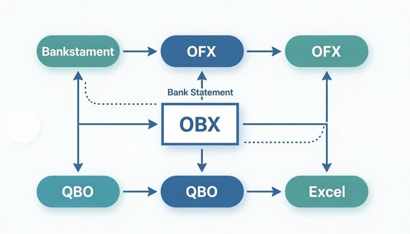 Flow diagram showing bank statement converting to different formats with branching arrows