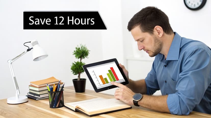 A man analyzing a bar graph on a tablet at a desk, with a banner saying