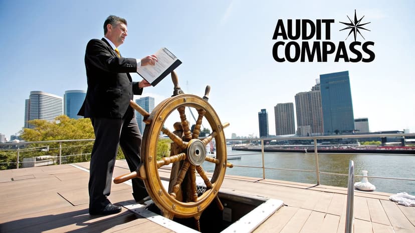 A man in a suit on a boat deck with a ship