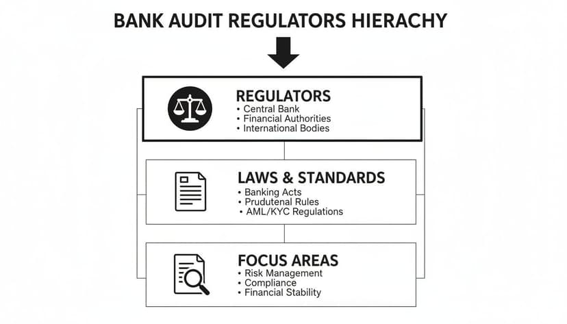 A hierarchy chart illustrating bank audit regulators, their governing laws and standards, and key focus areas.