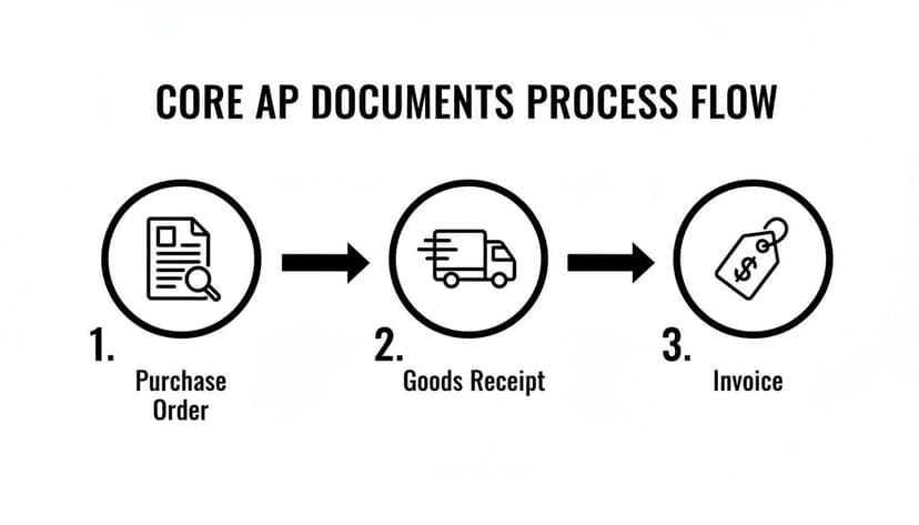 A process flow chart illustrating the core Accounts Payable (AP) documents: Purchase Order, Goods Receipt, and Invoice.