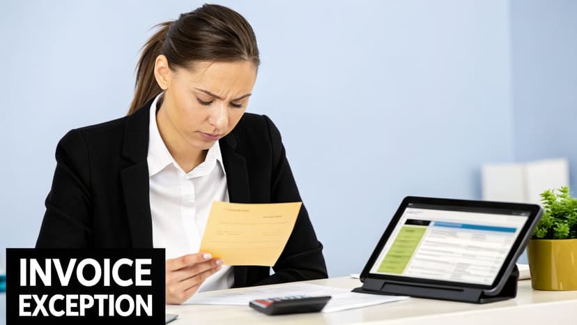 A businesswoman with a concerned expression reviews an invoice exception while looking at a tablet.