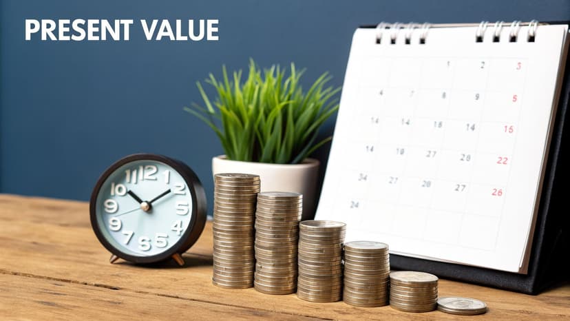 A desk with an alarm clock, stacks of coins, a plant, and a calendar, illustrating