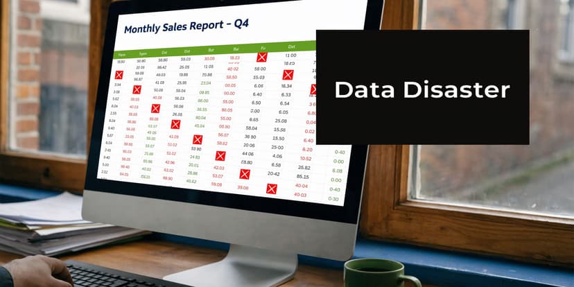 A computer screen displaying a monthly sales report with data disaster text over the spreadsheet table.