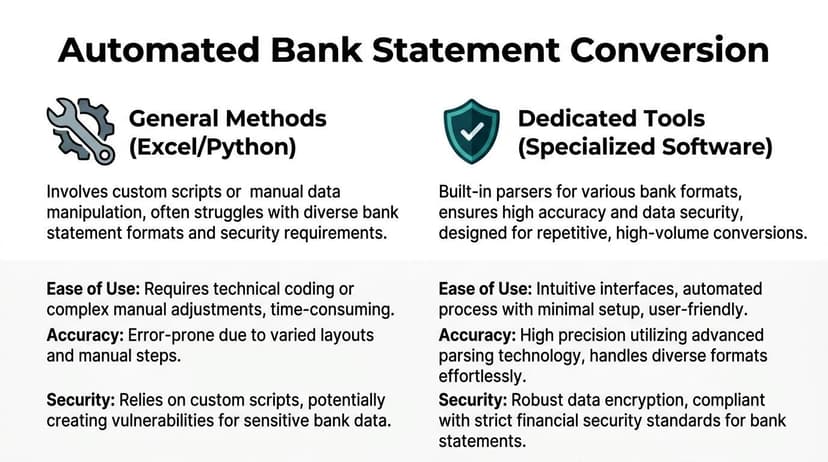 A comparison chart showing the differences between general methods and dedicated software for automated bank statement conversion.