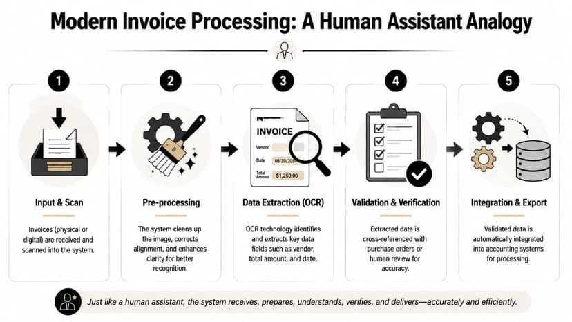 A five-step diagram explaining the modern invoice OCR processing workflow from input to digital integration.