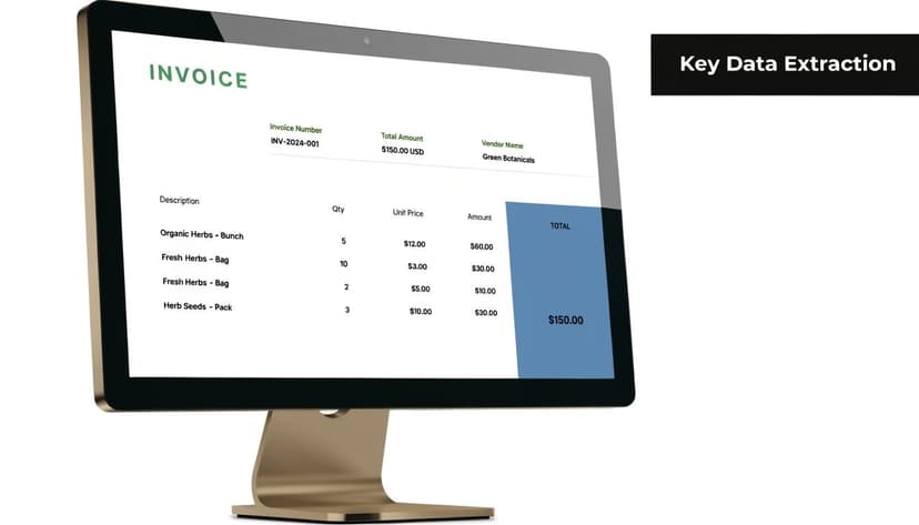 A computer monitor displaying a digital invoice with itemized herb products and pricing, used for data extraction.