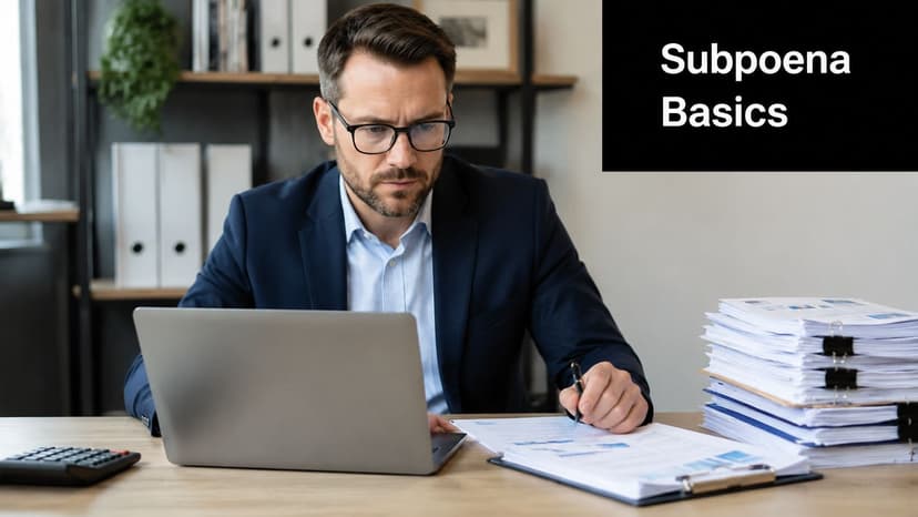 A professional man in a business suit sitting at a desk and reviewing legal paperwork.