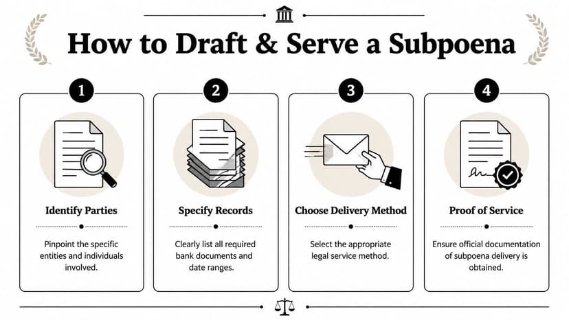 A four-step infographic illustrating the professional process for drafting and serving a legal bank records subpoena.