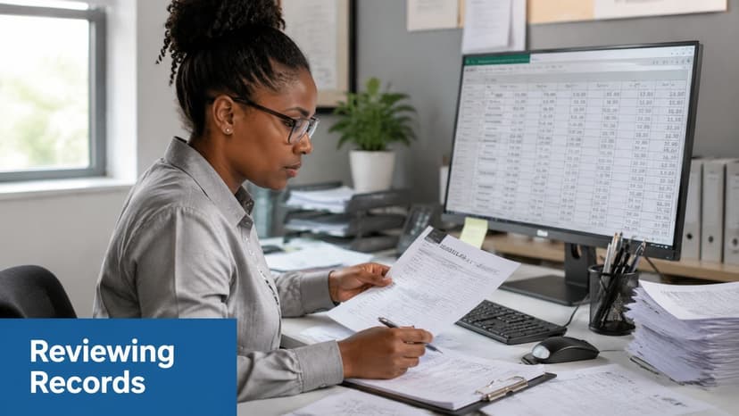 A professional woman in an office setting reviewing financial paper records while working on a computer.