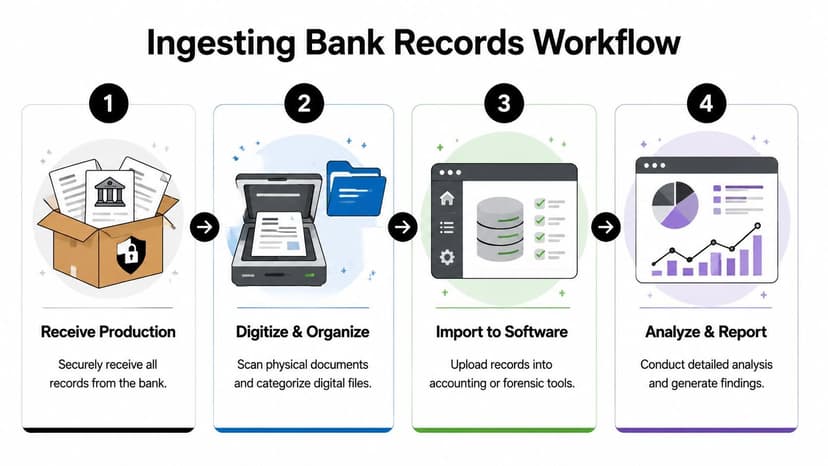 A four-step infographic illustrating the professional process of ingesting and analyzing bank records for forensic investigations.