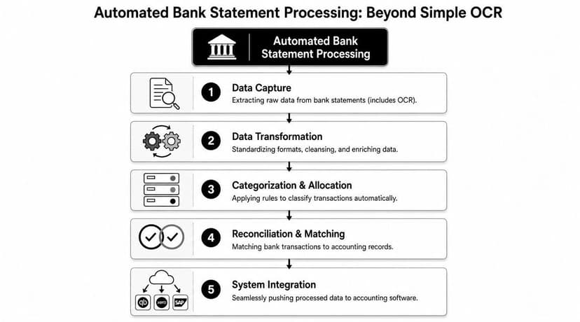 A flowchart showing the five-step process of automated bank statement processing from data capture to system integration.
