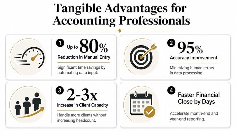 An infographic showing four tangible advantages of automated bank statement processing for accounting professionals, including efficiency and accuracy.