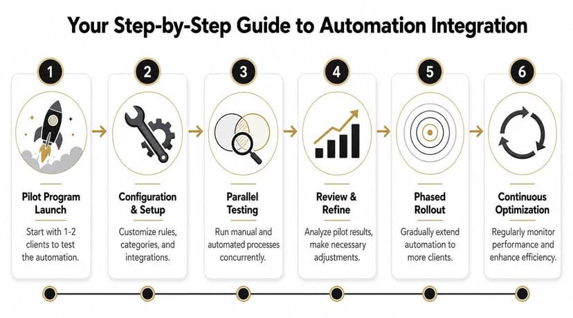 A six-step infographic illustrating a business roadmap for implementing automated bank statement processing and automation integration.
