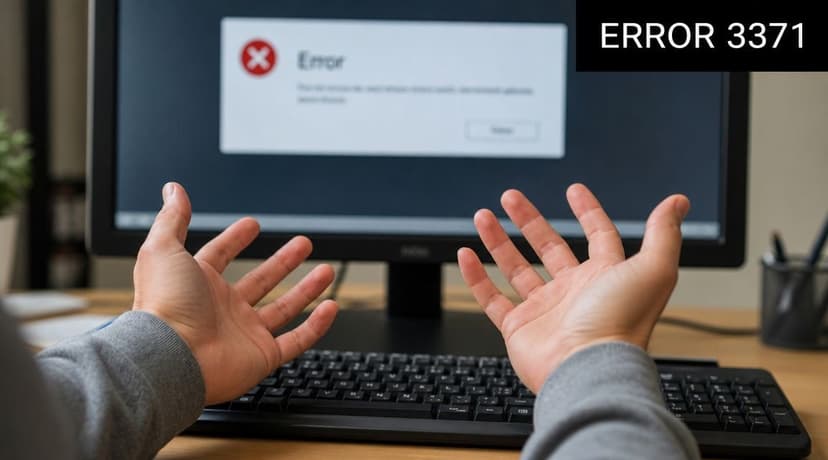A person sitting at a desk with an error message on the computer screen.