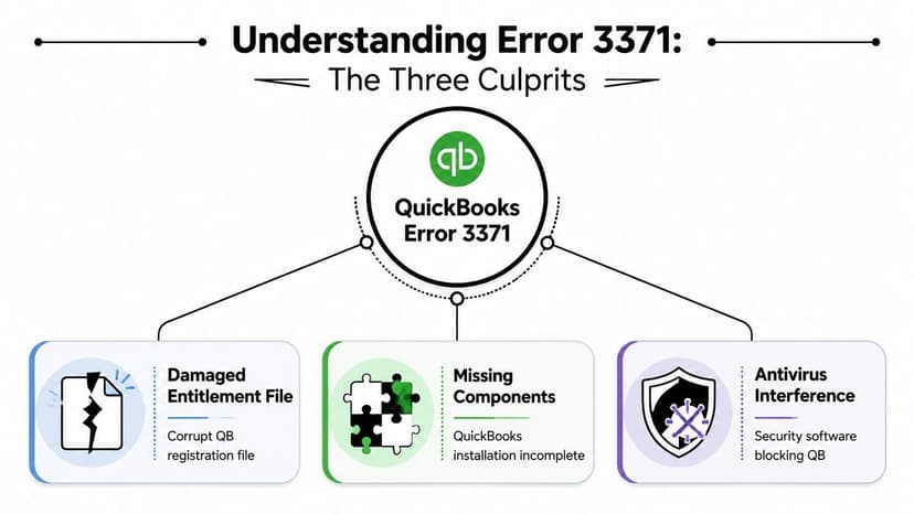 A diagram illustrating the three main causes of QuickBooks Error 3371, including file damage, missing components, and antivirus interference.