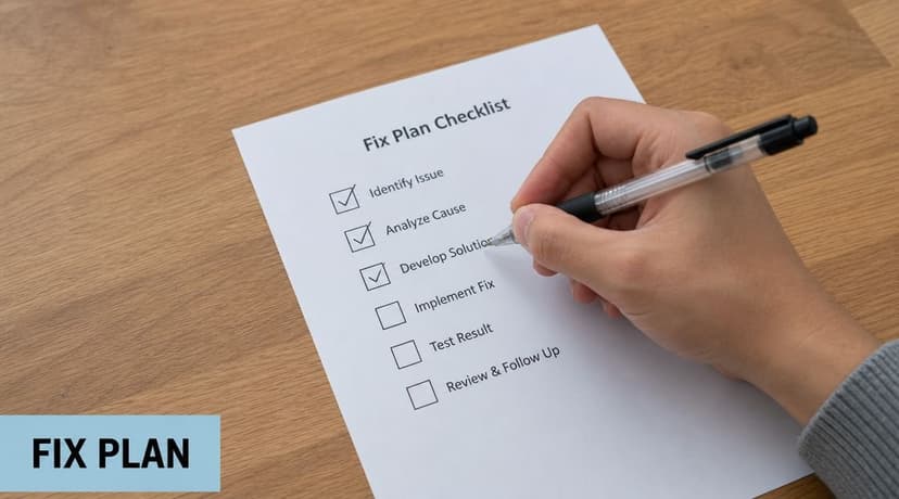 A hand checking off items on a fix plan checklist written on a white piece of paper.