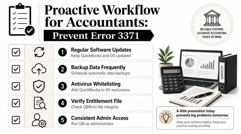 A proactive workflow infographic for accountants on how to prevent QuickBooks error 3371 with five steps.