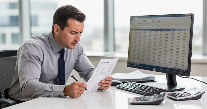 Accountant comparing bank statement with computer spreadsheet for reconciliation