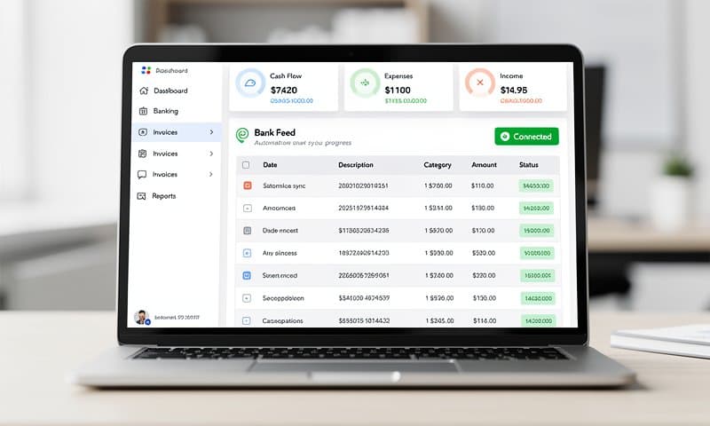 Accounting software bank feed showing automatic sync with connected status indicator