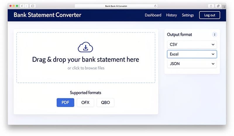 Online bank statement converter showing drag-and-drop upload with PDF OFX QBO format options