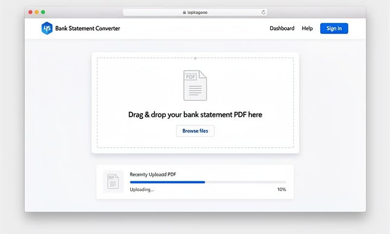 Bank statement converter interface with drag and drop upload