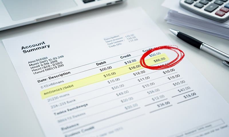 Bank statement with highlighted discrepancy row, showing a mismatched amount during accounting review
