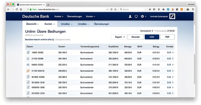 Deutsche Bank online banking portal showing export and download options for bank statements