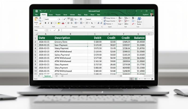 CSV file showing bank statement transaction data with date amount description and balance columns