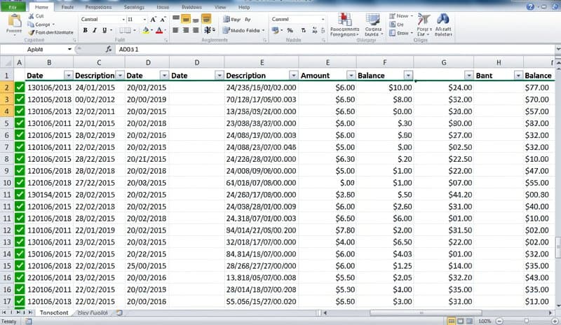 CSV spreadsheet showing imported bank transactions with date amount description and balance columns