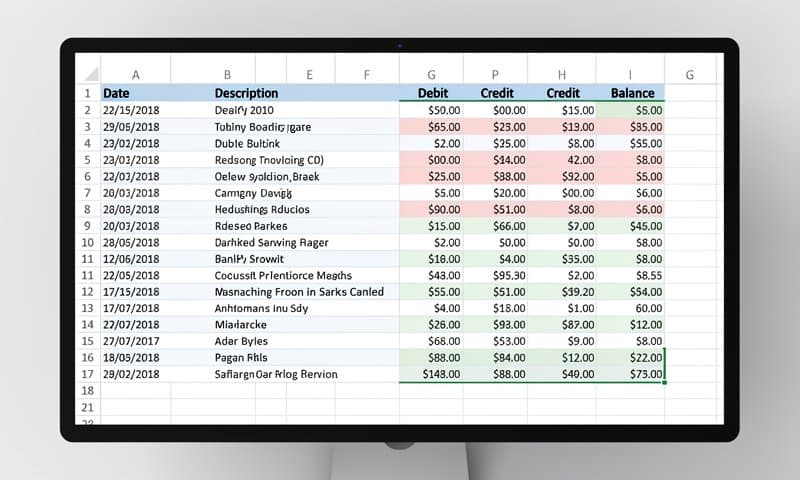 Excel spreadsheet showing bank transactions imported from PDF with proper column formatting