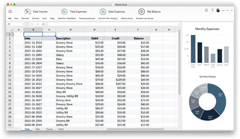Excel spreadsheet showing bank transactions with date, description, debit, credit, and balance columns after conversion