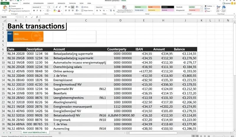 Excel spreadsheet met Nederlandse banktransacties in euro