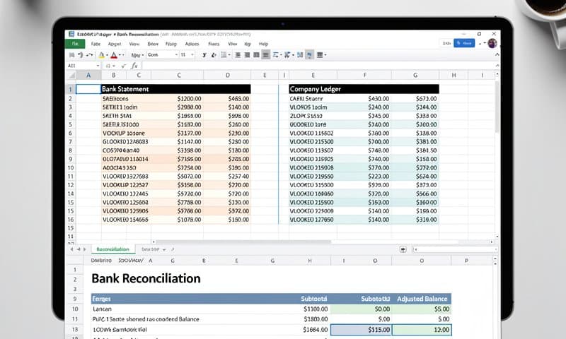 Excel spreadsheet showing VLOOKUP formula comparing two columns of bank transactions for reconciliation