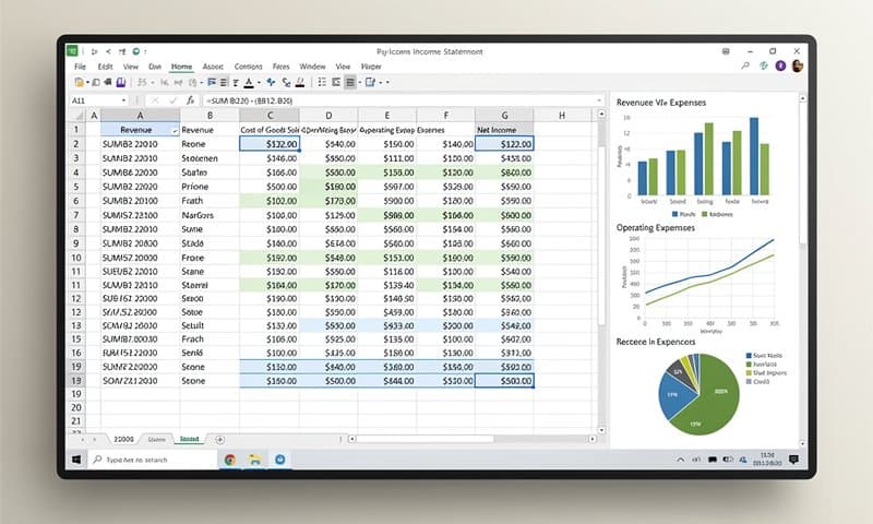 Excel spreadsheet showing extracted income statement data with revenue, expenses, and net income rows