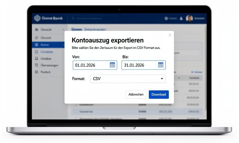 German banking portal showing CSV download dialog with date range selector