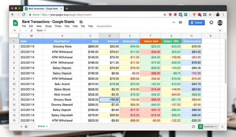 Google Sheets with bank transaction data organized in columns