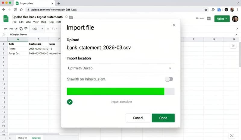 Google Sheets import dialog showing successful CSV bank statement upload