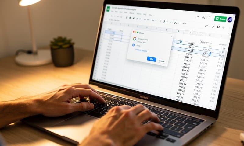 Hands typing on laptop importing CSV bank data into spreadsheet for review
