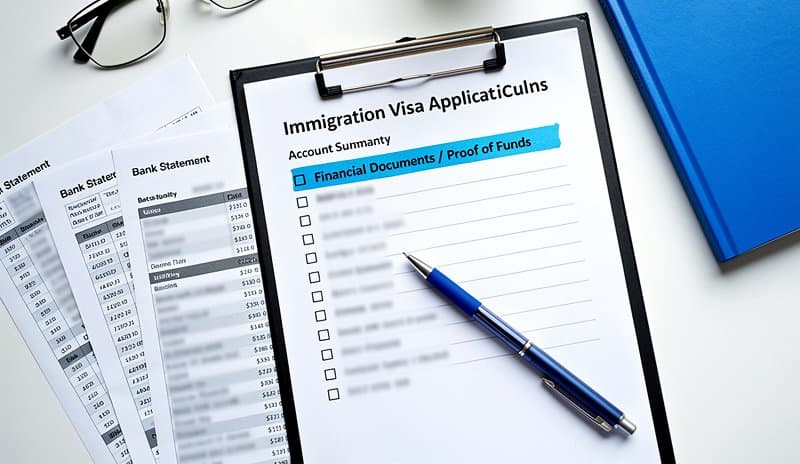 Immigration visa application checklist showing financial document requirements