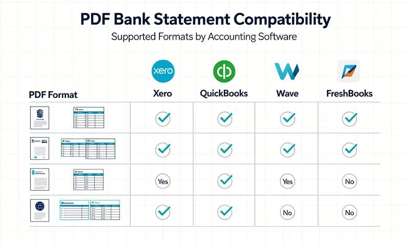 Comparison of PDF bank statement format compatibility across QuickBooks, Xero, Wave, and FreshBooks accounting platforms