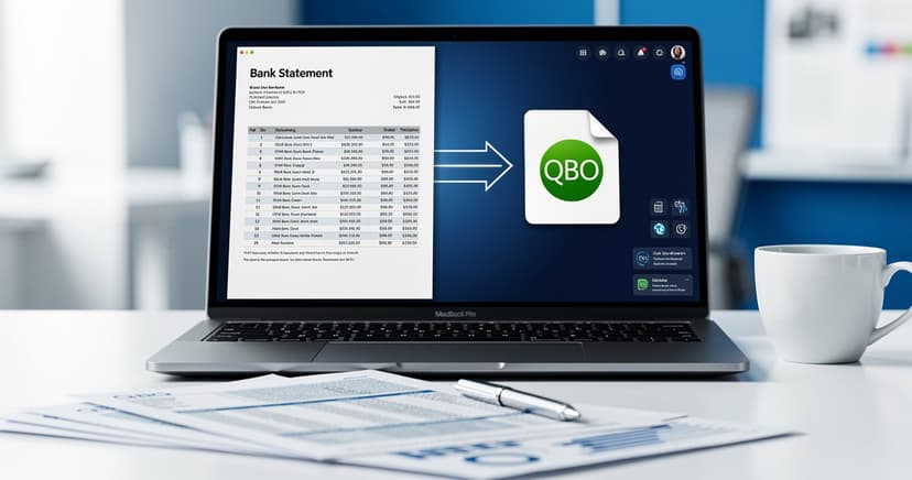 Laptop showing PDF to QBO conversion process
