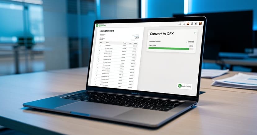 Laptop showing PDF bank statement converting to OFX file for QuickBooks accounting software