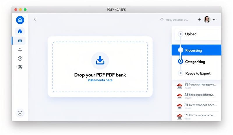 Modern web interface showing PDF bank statement upload with conversion progress bar and format selection