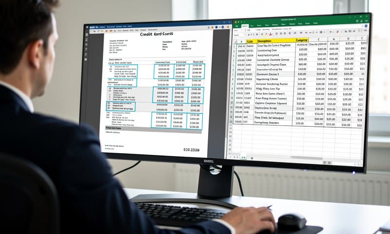 OCR technology scanning a PDF credit card statement with detection boxes highlighting transaction fields