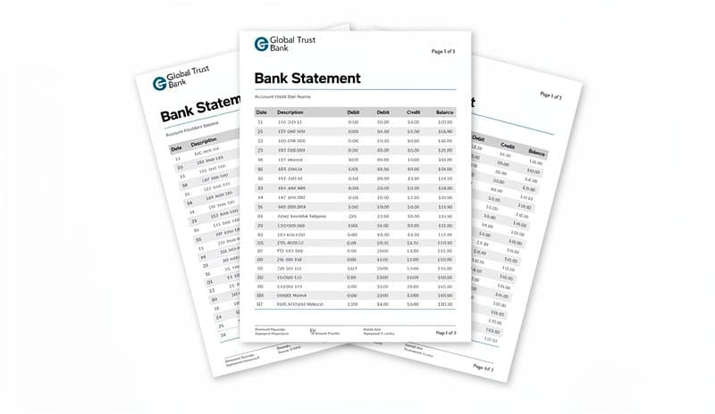 Official bank statement showing 3 months of transaction history with running balance
