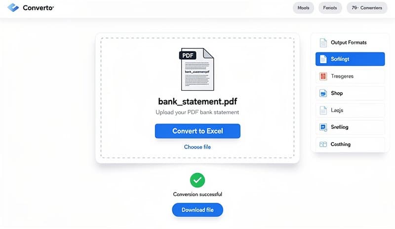 Online bank statement converter interface showing PDF upload and download