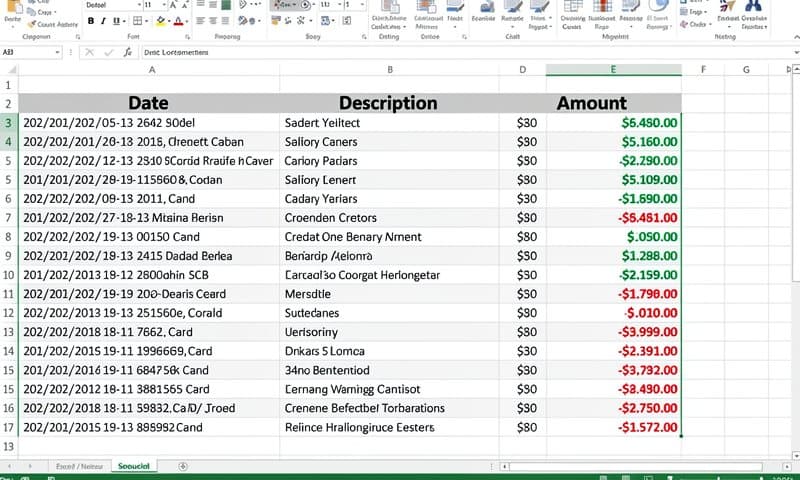 Excel spreadsheet showing extracted credit card transactions organized by date, amount, and merchant
