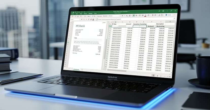 Professional laptop showing bank statement to Excel conversion with organized transactions